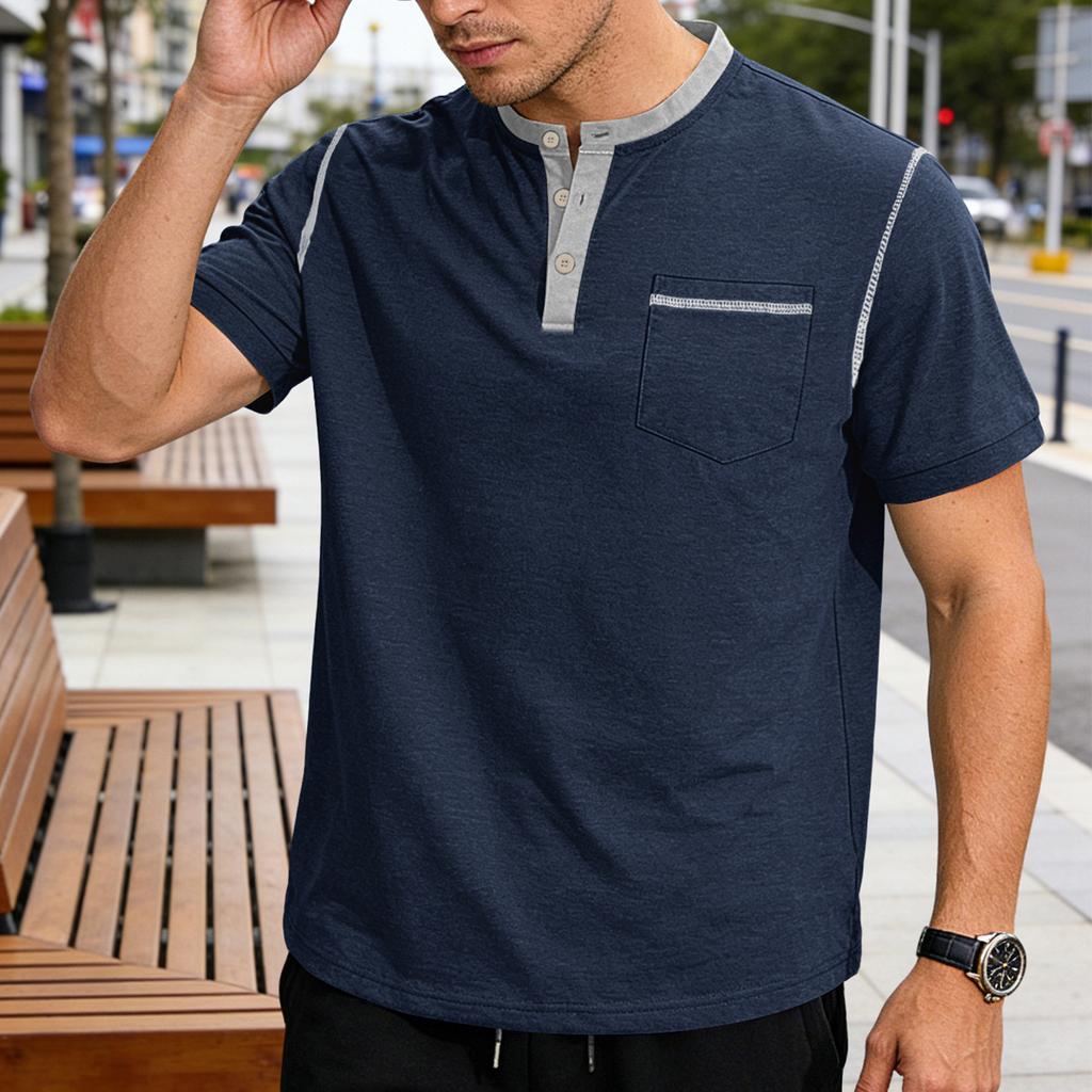 Herren Kurzarm Hemd mit Kragen Colorblock Lässig
