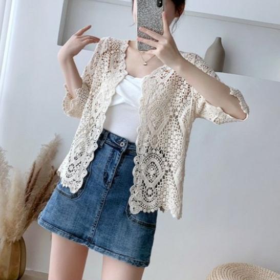 Summer Shawl Cardigan womenThin Hollow Knit Coat Short Blouse Sunscreen Shirt