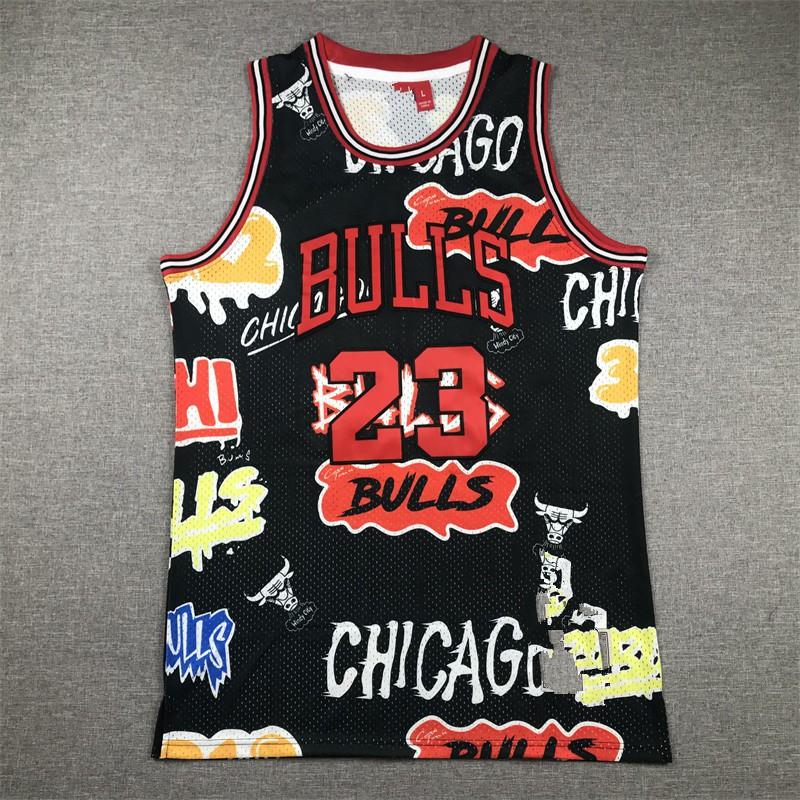 Chicago Bulls 23 Graffiti Embroidery Retro Mesh Basketball Jersey Black Unisex Adult Sportswear