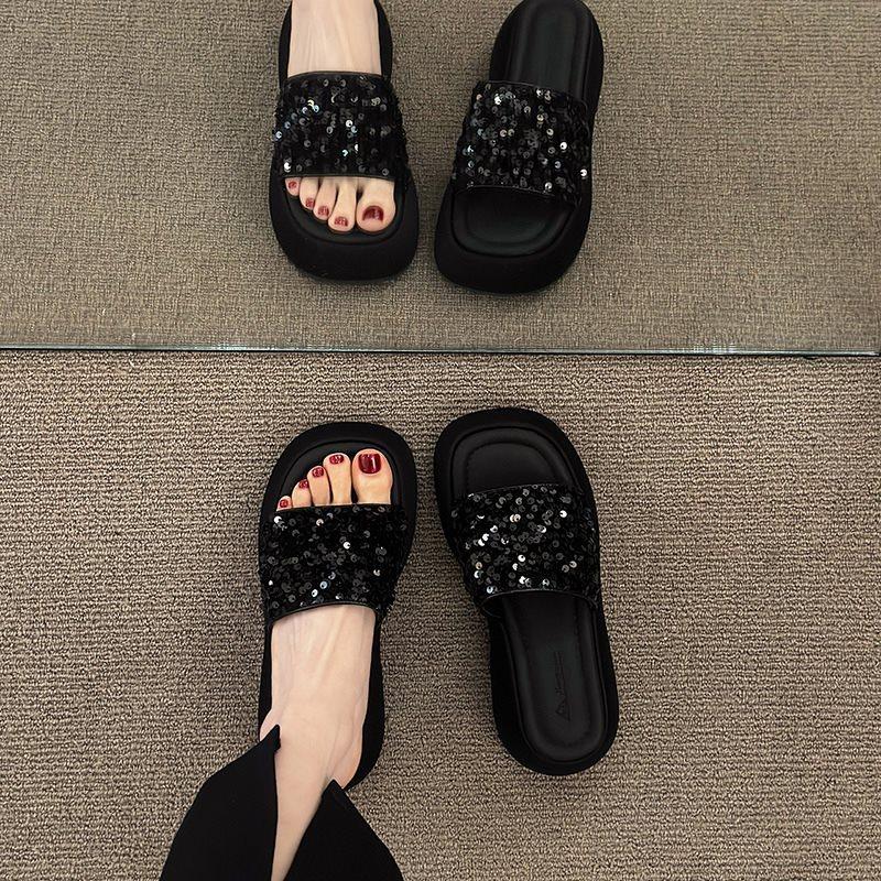 Sense Sequined Muffin Bottom Slippers Women's Summer Wear One Word Women's Platform Sandals Semi-cool Slippers New