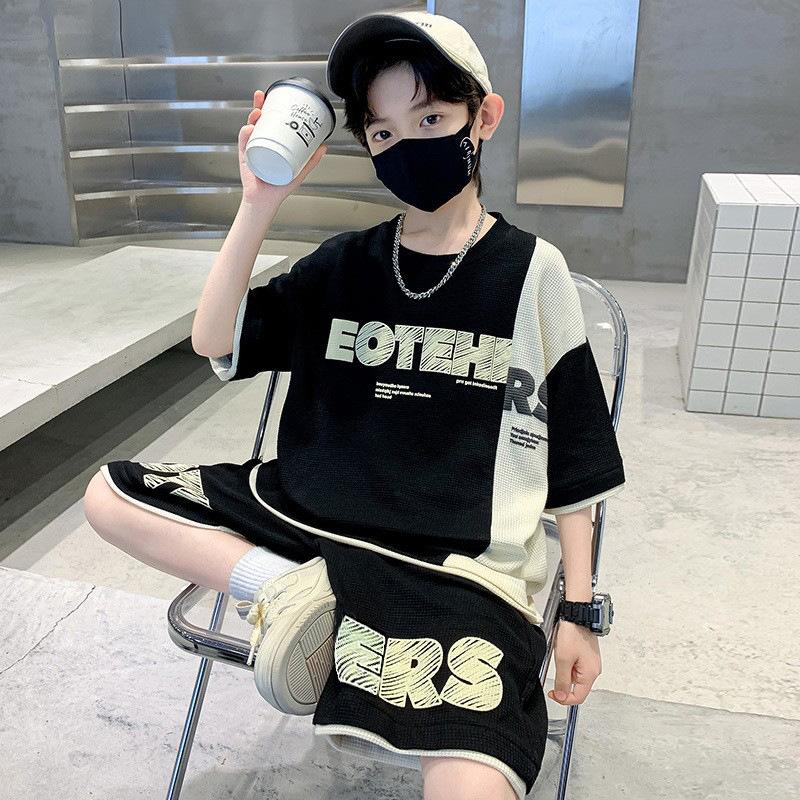 

Летние костюмы с короткими рукавами для мальчиков, стиль вестерн, для больших мальчиков, для мальчиков, летняя детская одежда в стиле вестерн с вафельной строчкой 120 чёрный