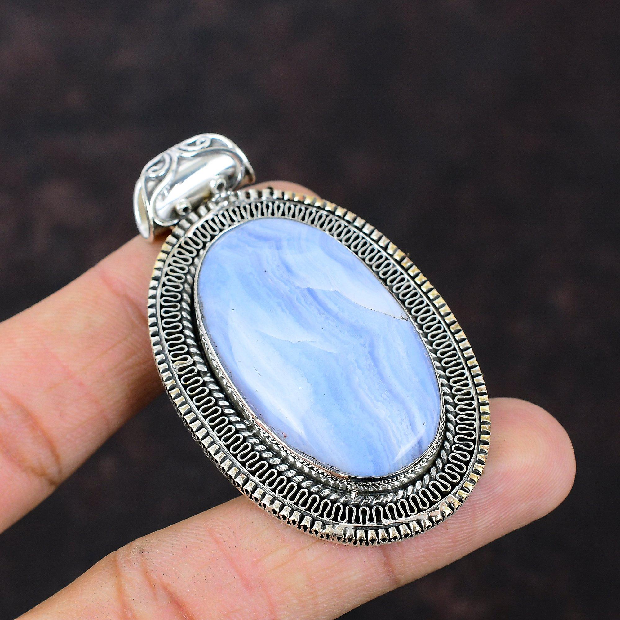 

Синий кружевной кулон с агатом, стерлинговое серебро 925 пробы, винтажный кулон, синий кружевной агат, драгоценные камни, ювелирные изделия ручной работы, новый кулон, подарок для нее