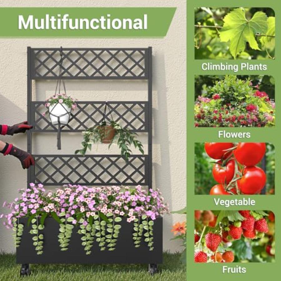 Metal Planter Box with Trellis Privacy Screen 67x41x16 Raised Garden Bed with Planting Bag Lockable Casters for Climbing Plants