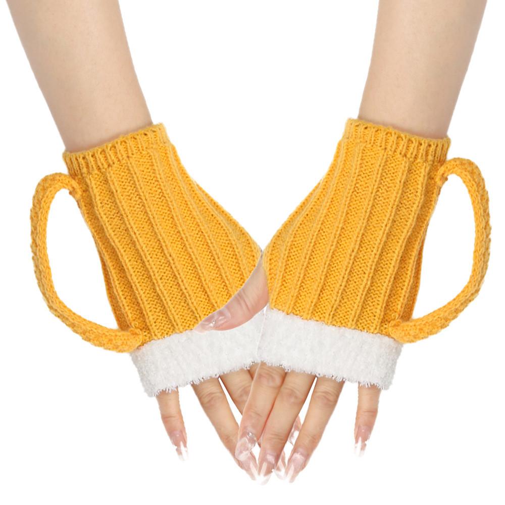 Unique 3d Design Yellow Fingerless Gloves For Winter Beer Lovers Cozy And Stylish