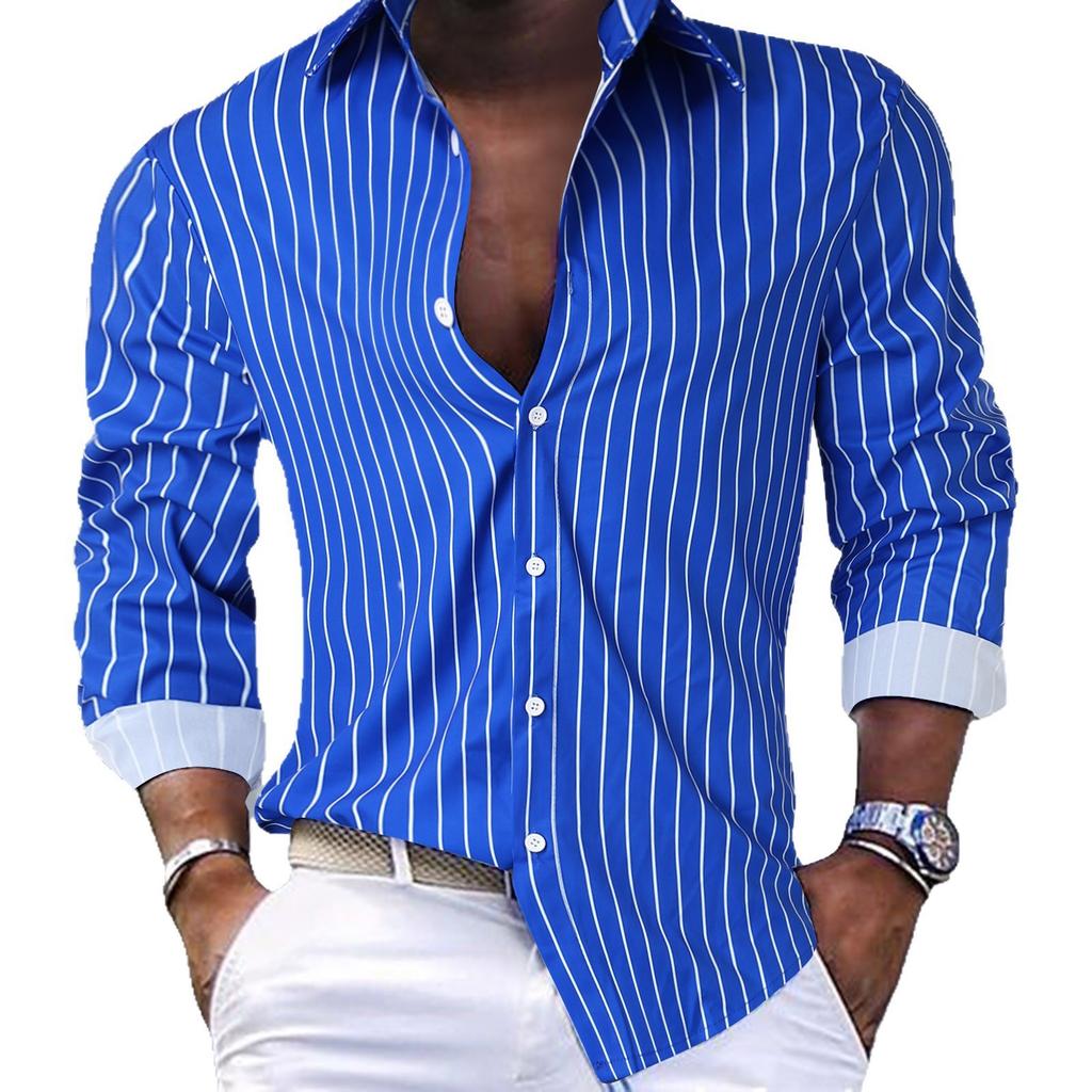 Men Striped Turn Down Collar Long Sleeve Casual Button Down Shirt