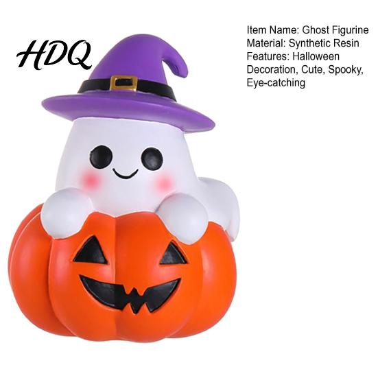 Holiday Home Accents Halloween Ghost Figurine, Cute Spooky on Pumpkin Decoration, Resin Small Ornament for Garden Tabletop with Witch Hat Desk