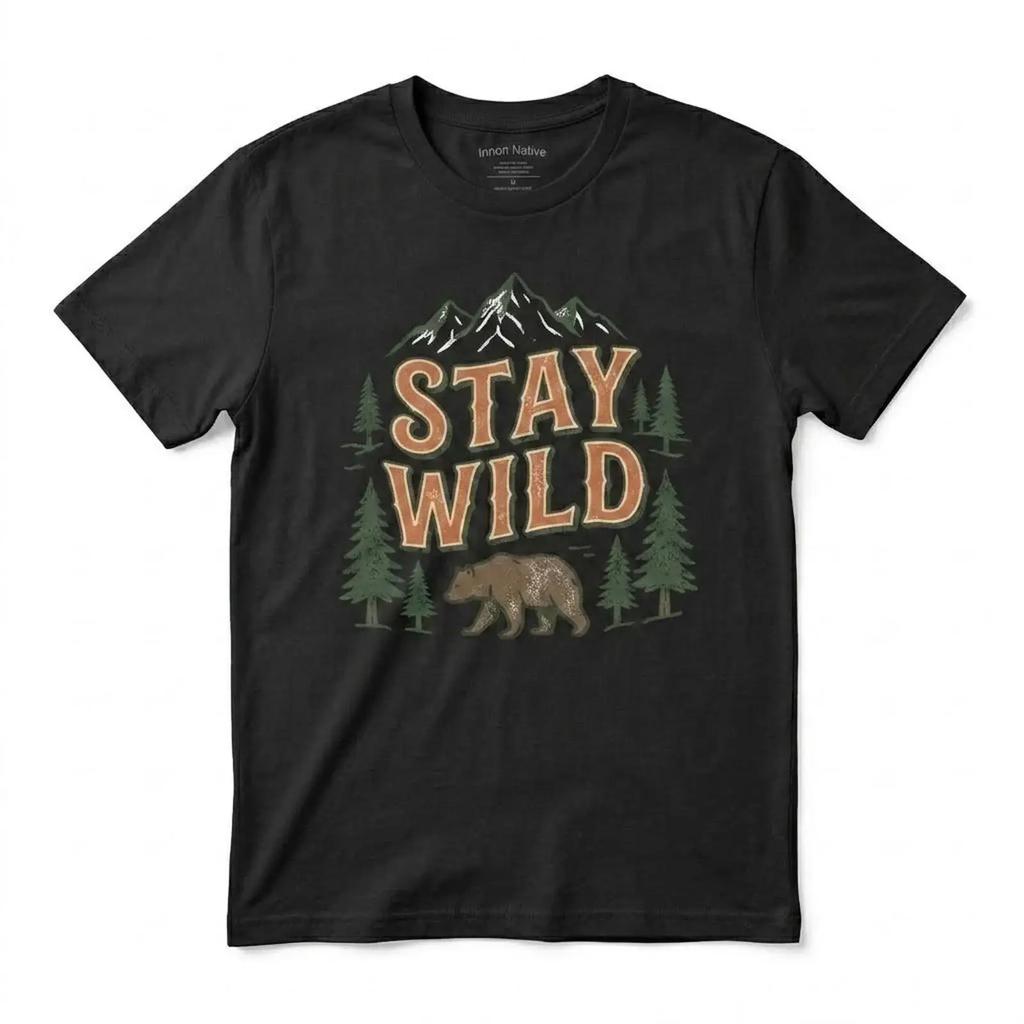 Stay Wild Bear T Shirt Mountain Nature Hiking Adventure Vintage Blac vintage Washed Soft streetwear homme Stylish Versatile