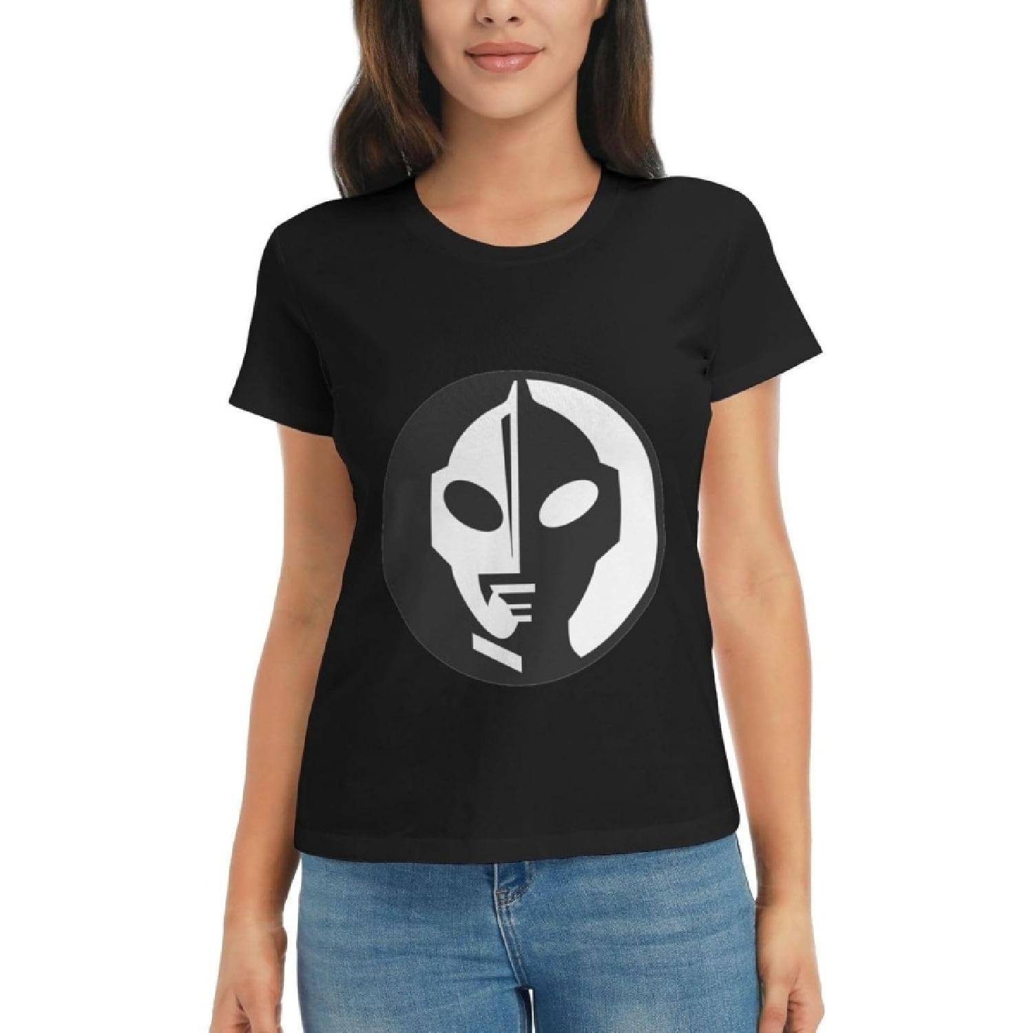Menpulam Women s Imitation Cotton T-Shirt Ultraman Logo Print Casual Summer Short Sleeve Tops S