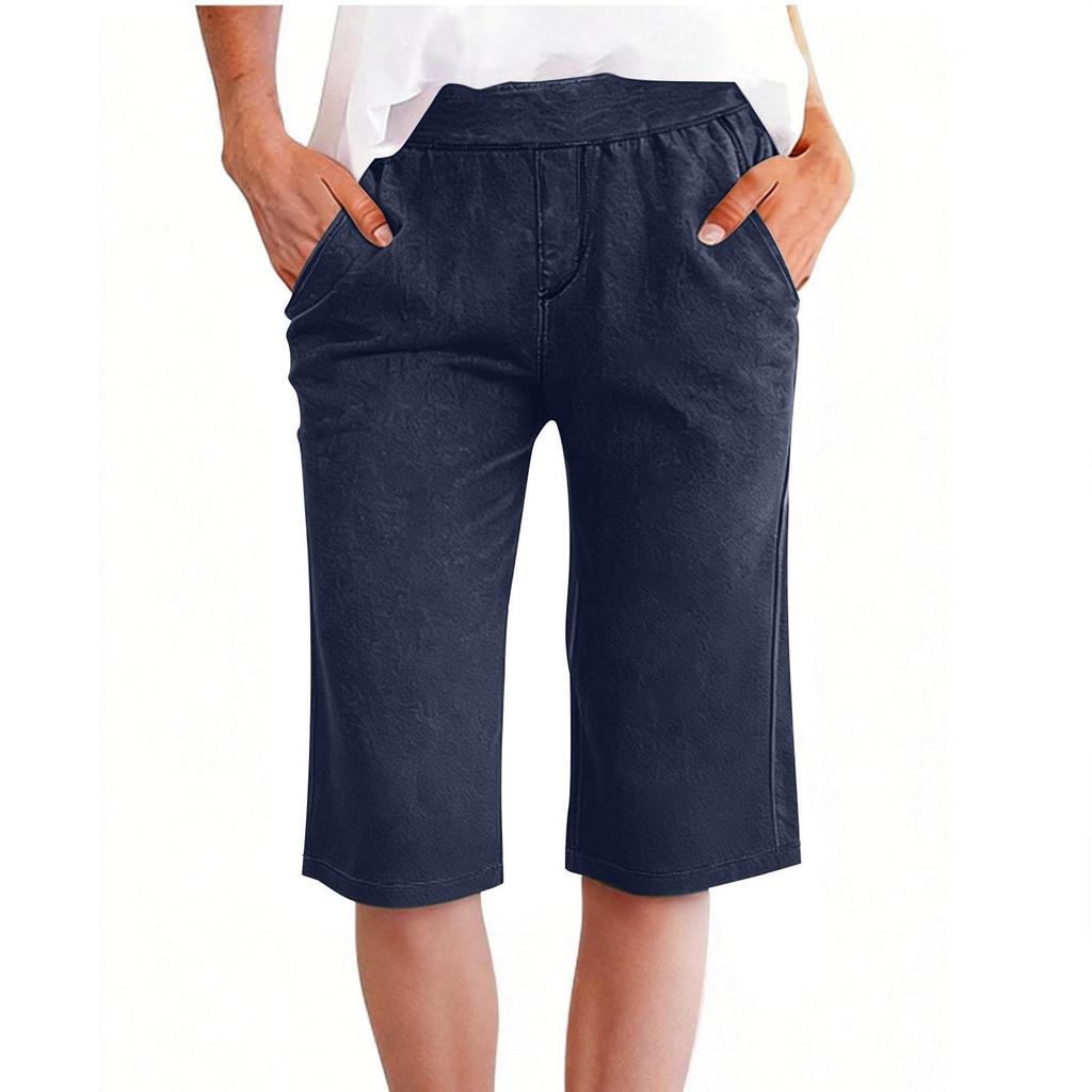 Pantaloncini casual da donna al ginocchio, vestibilità larga, vita elasticizzata con tasche, tessuto leggero e traspirante per l'uso quotidiano