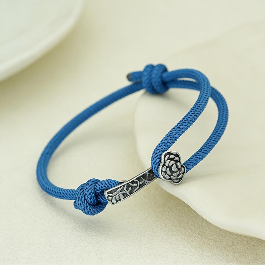 Ethnic Style Good Luck Bracelet Handwoven Rope With Retro Silver Color Flower Clasp Adjustable Protection Bangle For Women Men