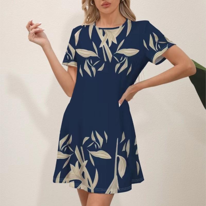 2024 Summer Latest Women's Fashion Print Street Trend Round Neck Sweet and Fresh Flowers Solid Colors Suitable for Beach Dresses