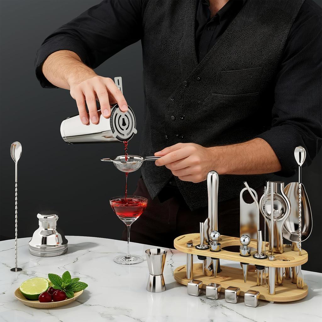 Zestaw do koktajli z miarką i akcesoriami barowymi Profesjonalny podwójnie izolowany ze stali nierdzewnej Zestaw koktajlowy z drewnianymi elementami 700 ml do użytku komercyjnego lub domowego Zawiera