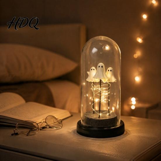 Indoor Halloween Display Ornament Decorations 3 Mini Light Up Ghost in Cloche Night with LED Lamp for Party Warm Lights Cute Spooky Decor