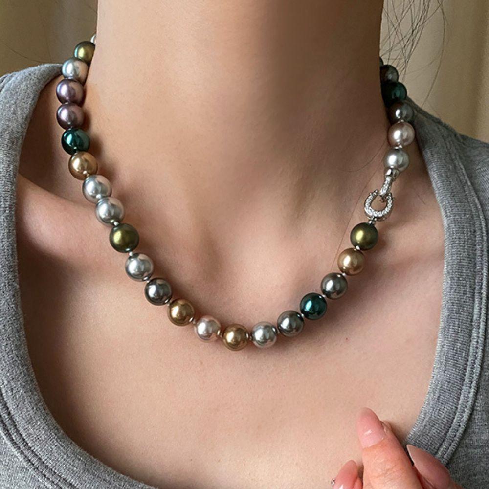 High-gloss Mixed-Color Pearl Necklace Metallic Sheen Pearl Neckchain  Banquet