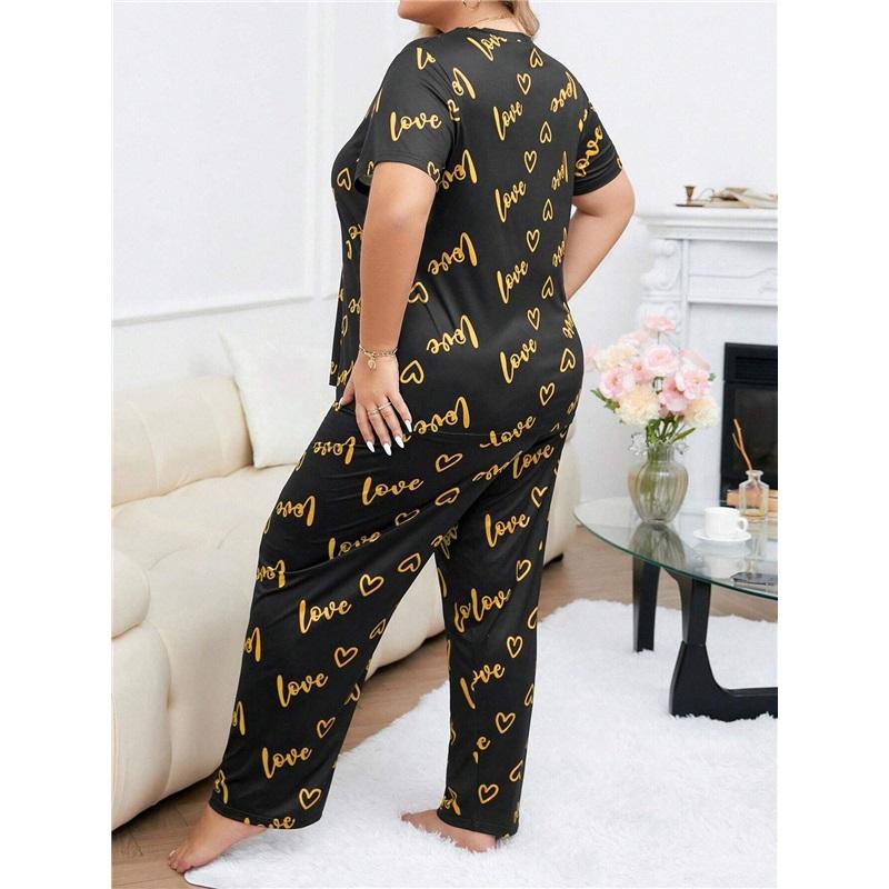 Large Love Love Printed Short Sleeve Pajama Set Loose And Comfortable Two Piece Home Clothes Set