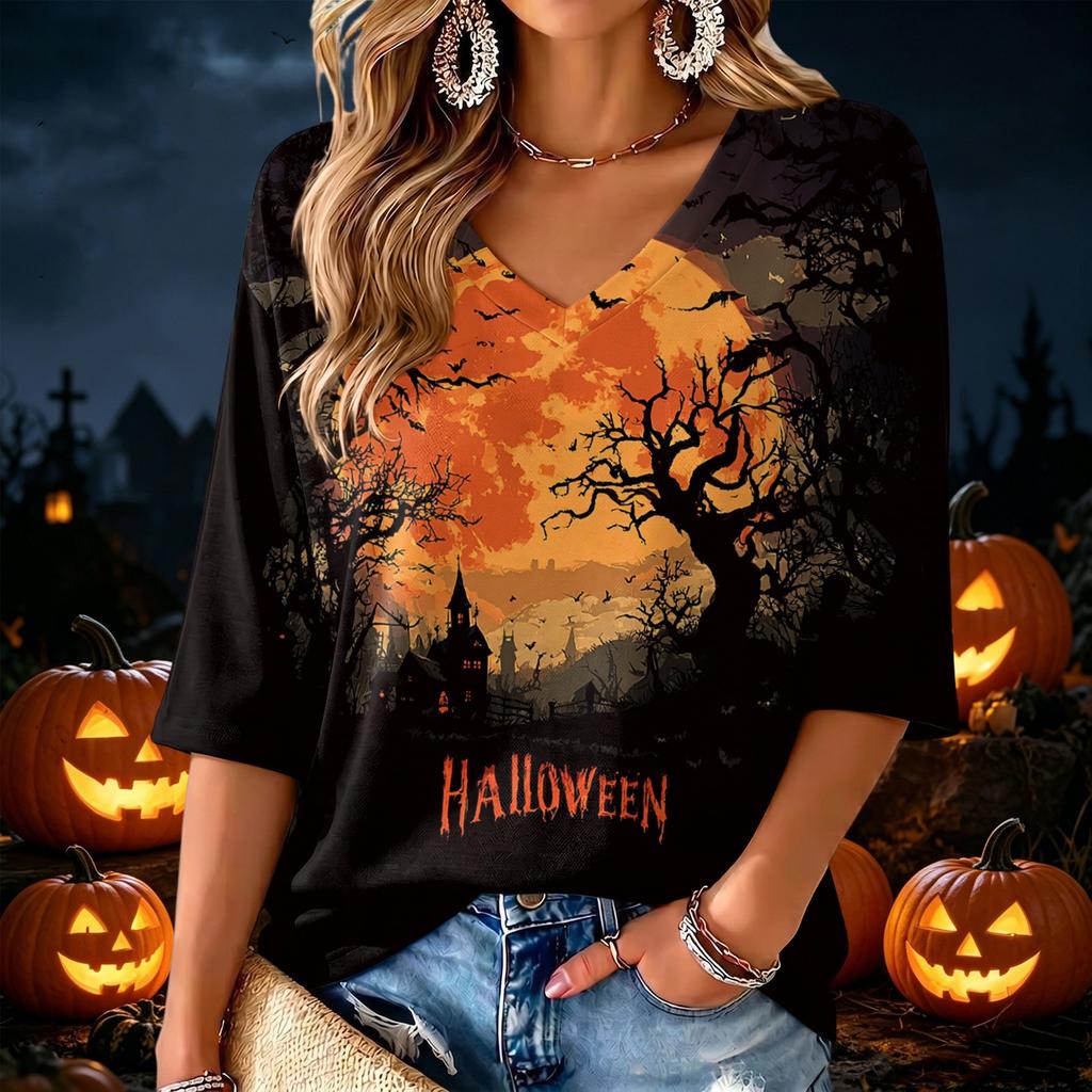 Women's V-Neck Halloween Print Lightweight Blouse for Spring and Summer