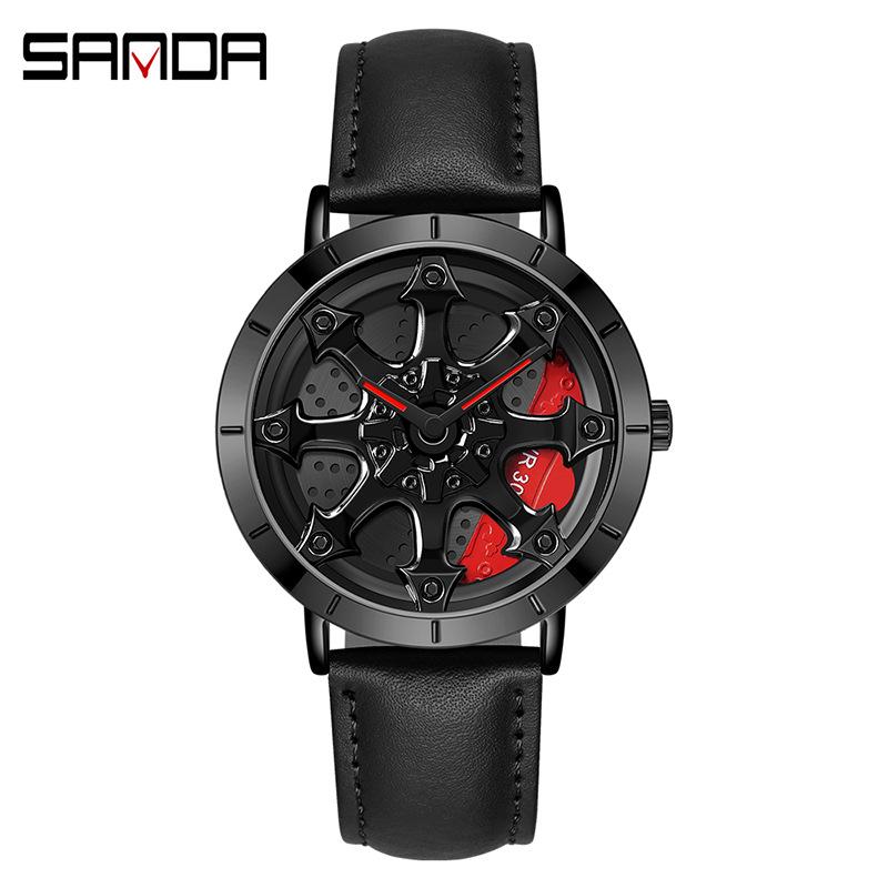 SANDA Montre à quartz avec ceinture en acier pour homme, tendance, décontractée, avec cadran cool et roue de voiture