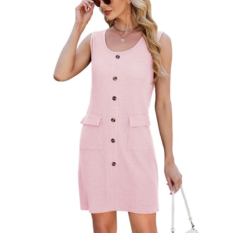 Women's Spring/summer Solid Color Crew-neck Button-pocket Sleeveless Vest Dress
