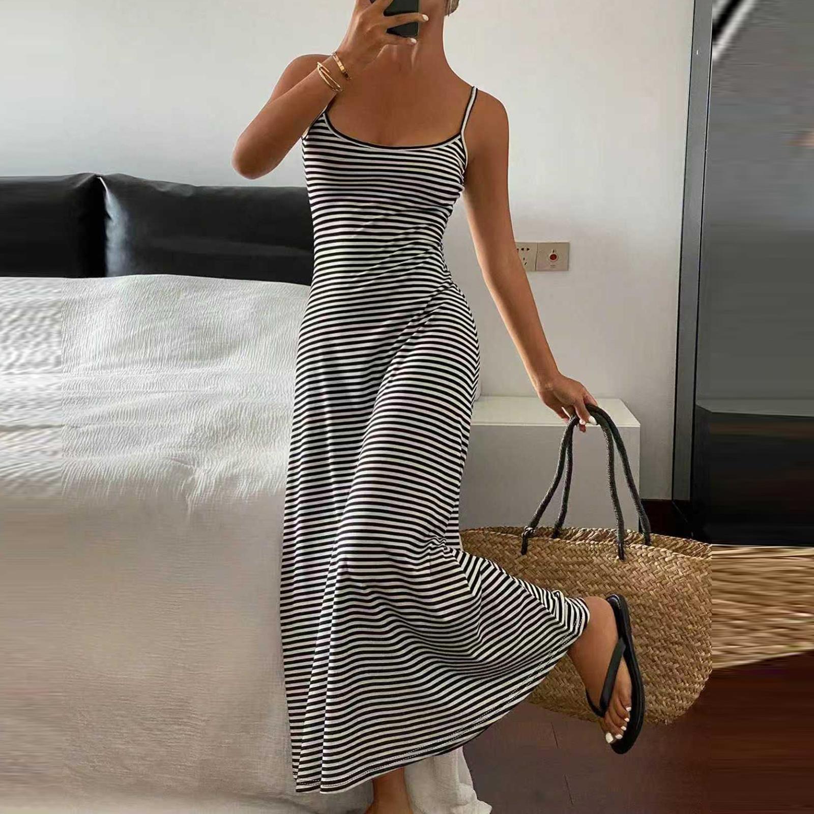 Women s Fashionable Casual Spaghetti-Strap Sexy Backless Fitted Striped Dress L