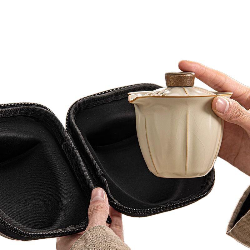Ru Kiln Portable Tea Set with Three Cups - Ideal for Travel, Home, or Corporate Gifts