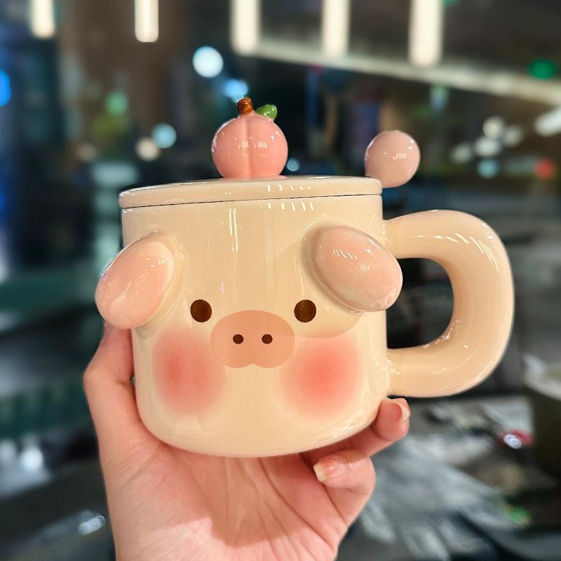 Cute Ceramic Puppy Mug with Lid Spoon Card  Animal Pink Girlish Office Water Cup  Coffee Cup