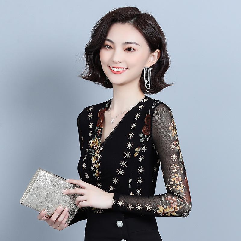 V-neck Printed Lace Base Shirt for Women Latest Autumn Long-sleeved Mesh Chiffon Top Versatile Fashionable Shirt
