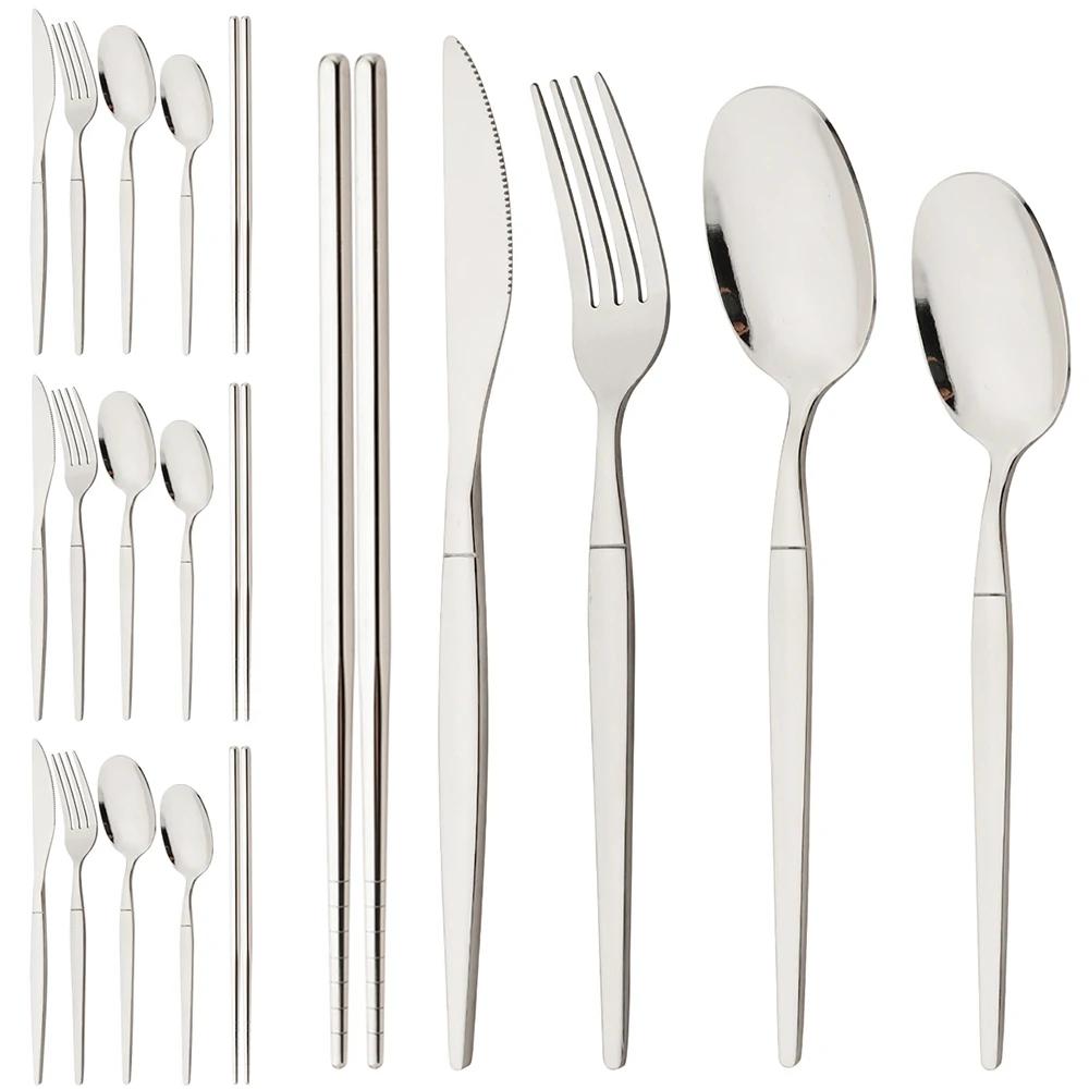 

20Pcs Chopsticks Knife Fork Spoon Cutlery Set Black Gold Dinnerware Set Luxury Stainless Steel Flatware Korean Tableware Set срібний