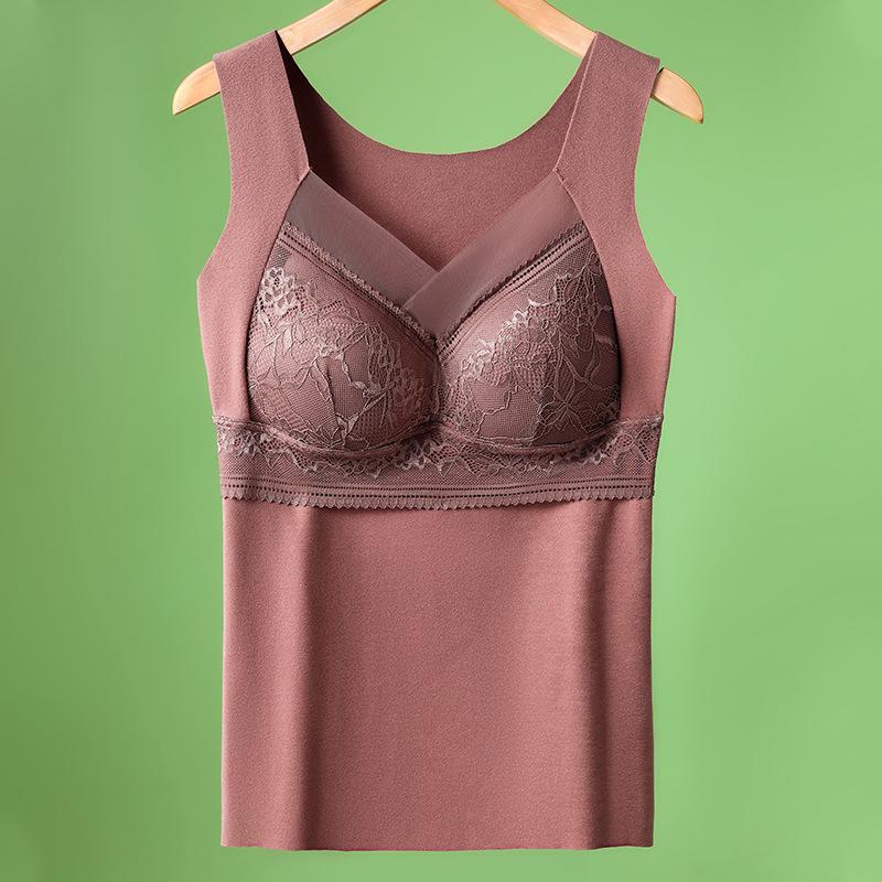 Women's Brushed Lace Velvet Thermal Vest with Fixed Cups - Double-Sided, Seamless, and Warm for Autumn and Winter