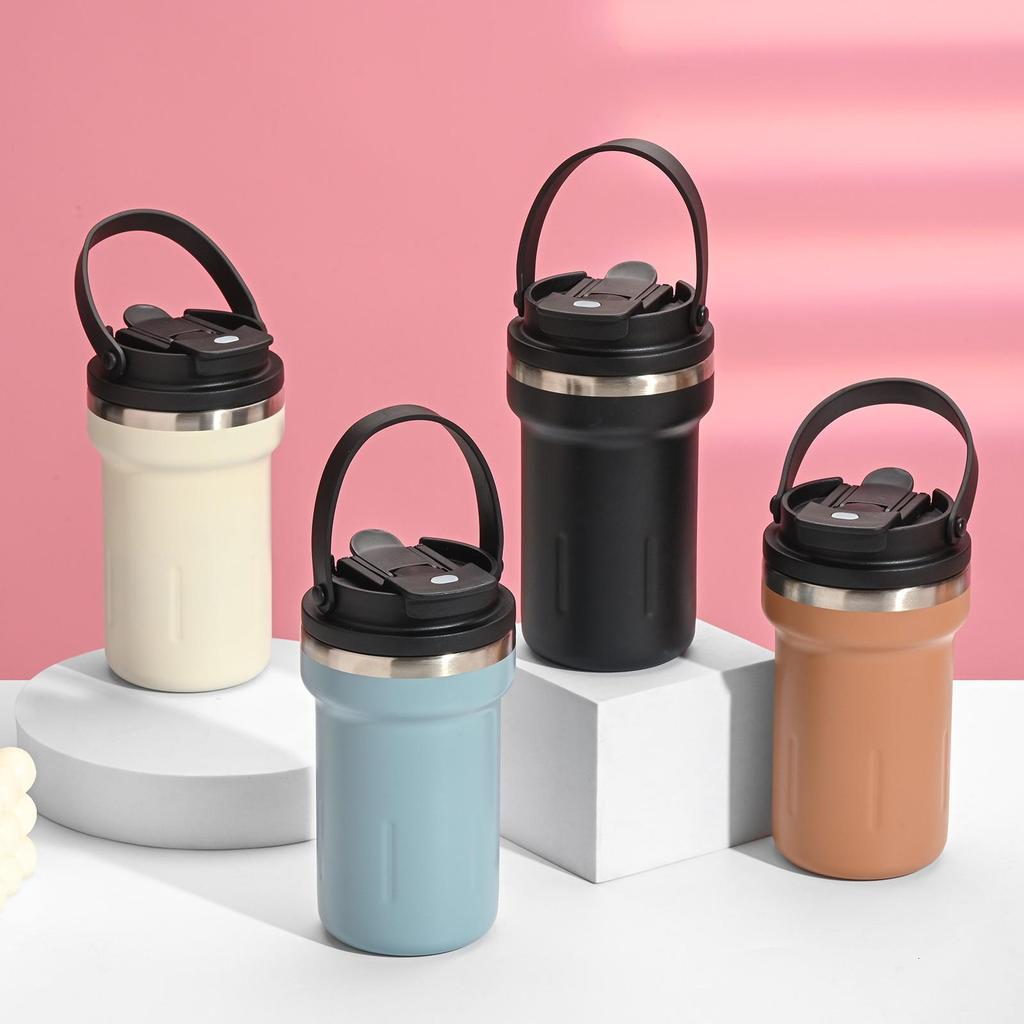 Portable Stainless Steel Double-Walled Coffee Thermos with Handle and Straw