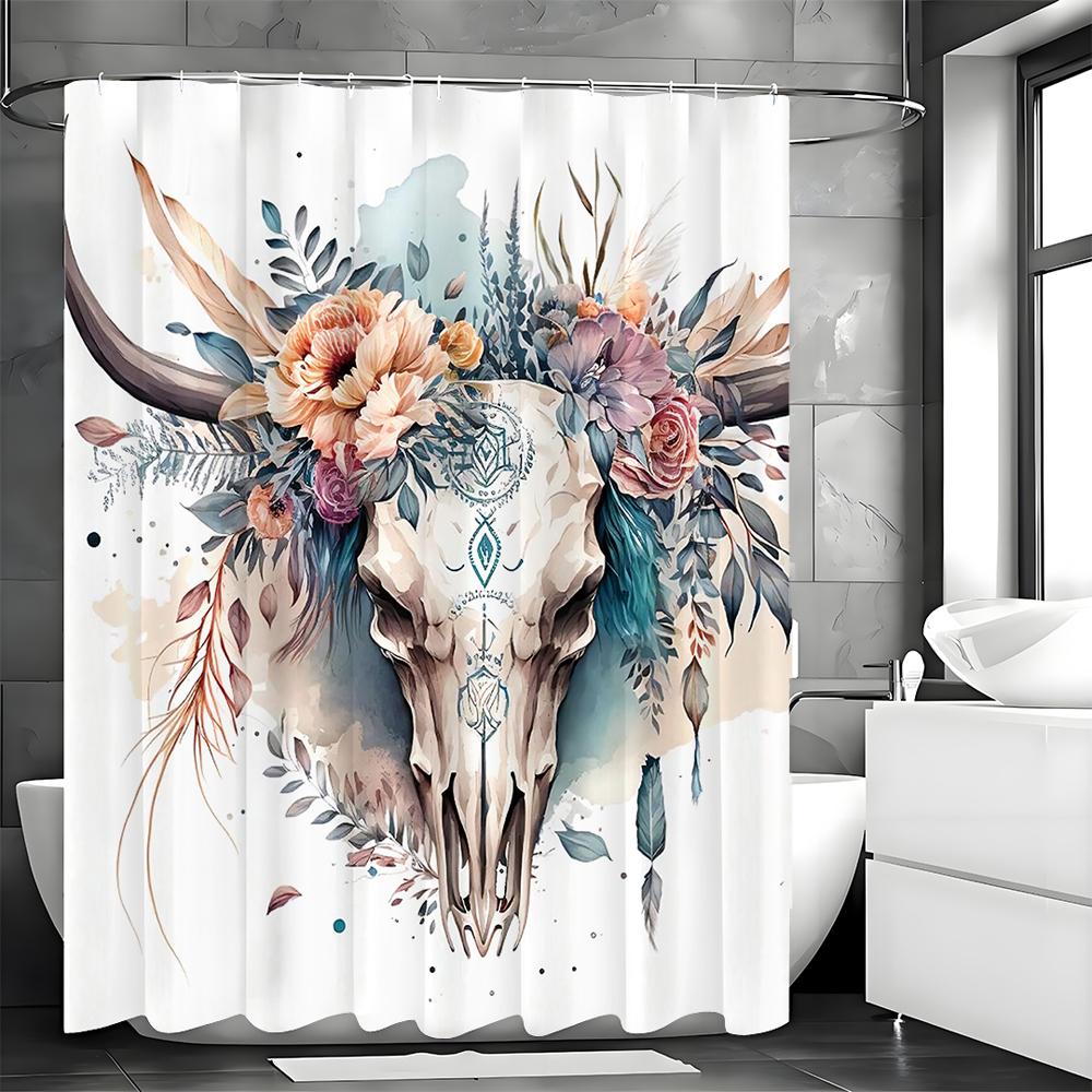 Cow Head Floral Shower Curtain, Bathroom Decorative Shower Curtain, Waterproof Shower Curtain with Hooks