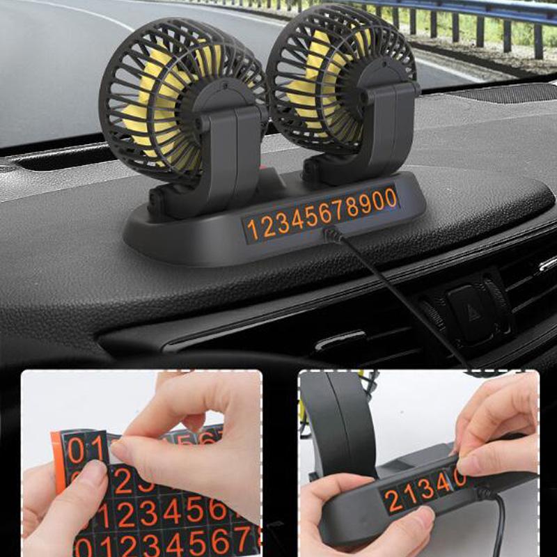 12V Auto-Lüfter 360° Verstellbarer Doppelkopf-Luftzirkulator-Lüfter USB 2 Geschwindigkeiten Automobil-Elektrolüfter für Armaturenbrett SUV