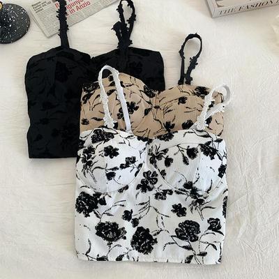 Women Sweet Elastic Camis Underwear Padded Bra Spaghetti Cute Crop Tops Print Tank Tops