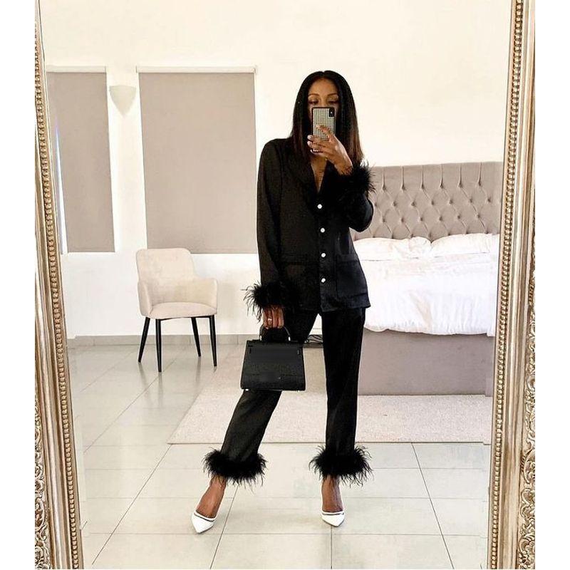 Women's Solid Color Polo Collar Feather Pants Two-Piece Set Top