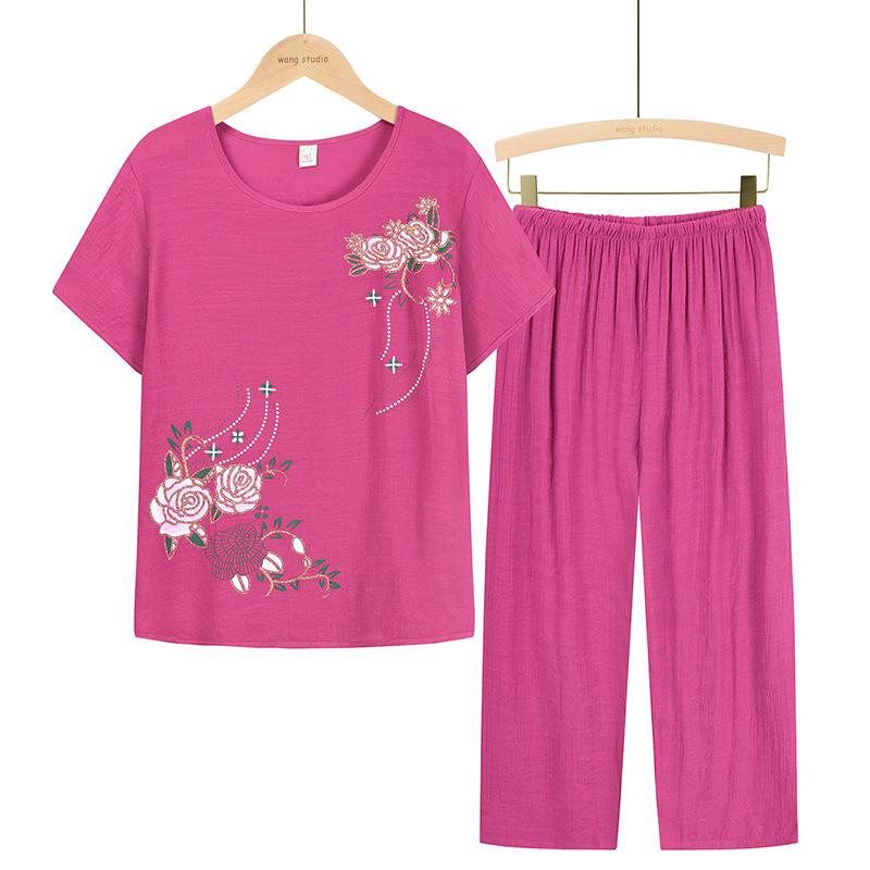 Conjunto de duas peças de verão: Camiseta de Manga Curta e Calças de Pijama para Mulheres de Meia-Idade e Idosas
