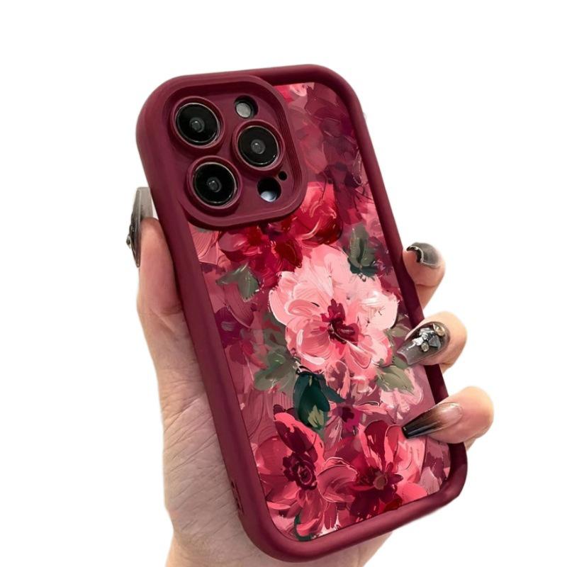 Rosa Blumenölmalerei Handyhülle, Kompatibel mit Apple 13, 15, 16 Pro Max, Sturzfest, Weiches Silikon, Mattes Finish.
