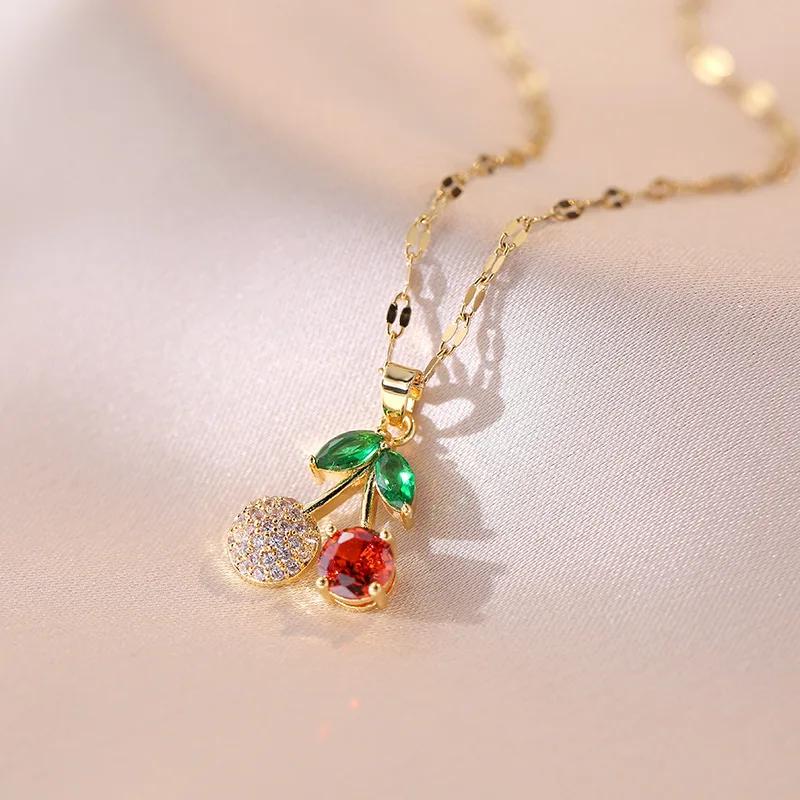 Colorful Zircon Cherry Pendant Necklaces for Women Girls Stainless Steel Trendy Romantic Jewelry Accessories Gifts