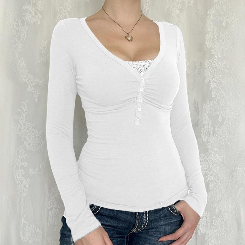 Spring Autumn Slim Fit V-neck Knitted T-shirt Women Buttons Long Sleeved Shirt Solid Color Simple Office Tops Elegant Fashion Casual Women's Clothing