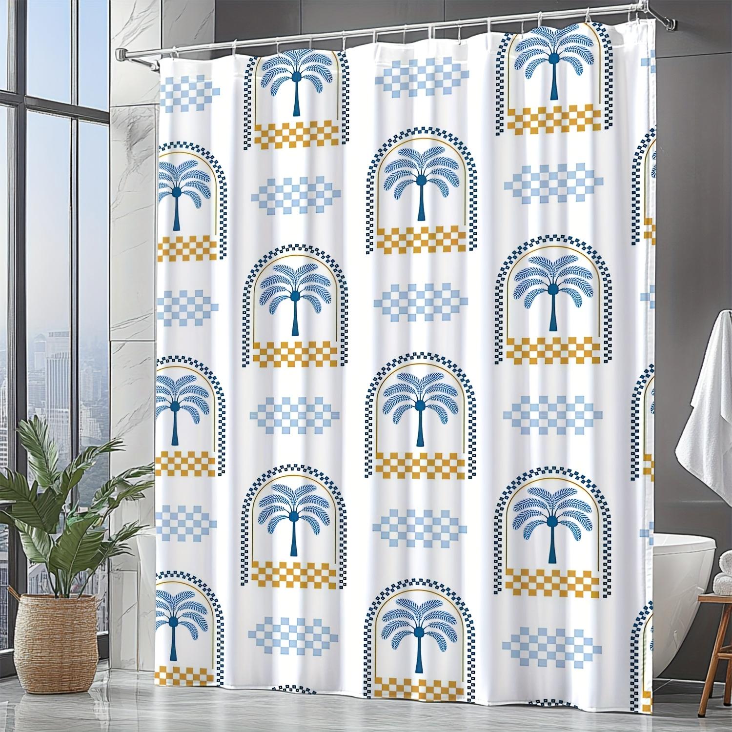

1 шт. Современная скандинавская абстрактная шторка для душа с принтом пальмы - Сине-белая клетка, высококачественный полиэстер, машинная стирка 90x180cm35x71in