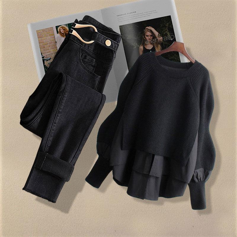 Autumn Suit Female Korean Version of The Niche Design Sense Fake Two-piece Sweater Slim Jeans Two-piece Suit