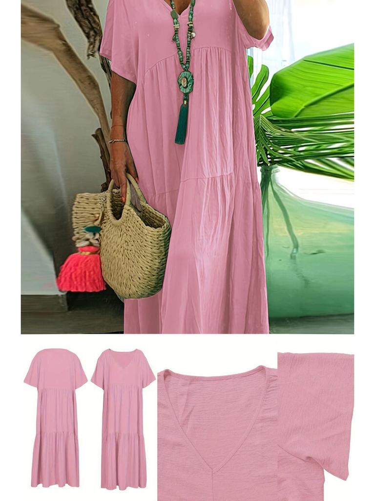 2025 Sommer Damen Einfarbig Locker Kurzarm Schwingkleid