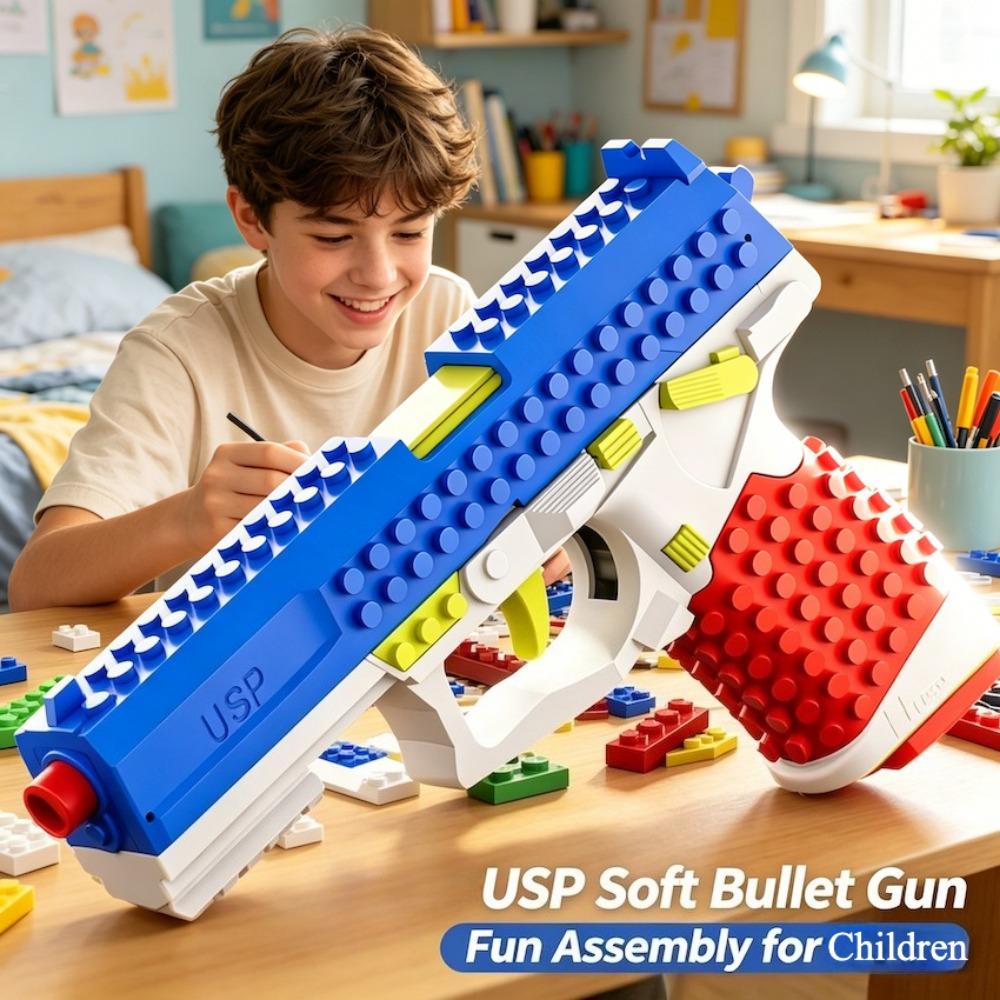 DIY Bricks Assemble USP Soft Bullet Gun Toy Safe Foam Dart Outdoor Shooting Game Toy Perfect Birthday Gifts for Children