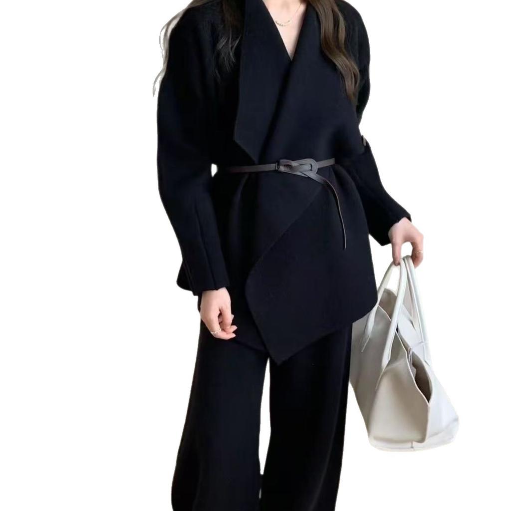 New European and American cross-border design belt, suit collar, knit cardigan, wide-leg pants, casual two-piece set