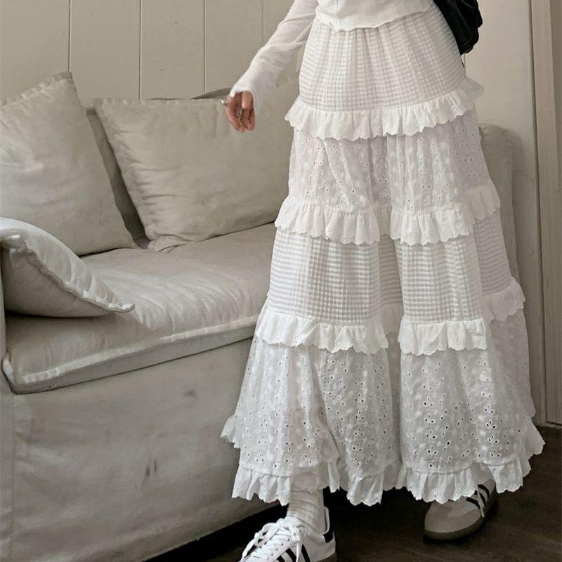 

Summer Women White Ruffle Lace Tiered Maxi Skirt Plaid Eyelet Beach S белый