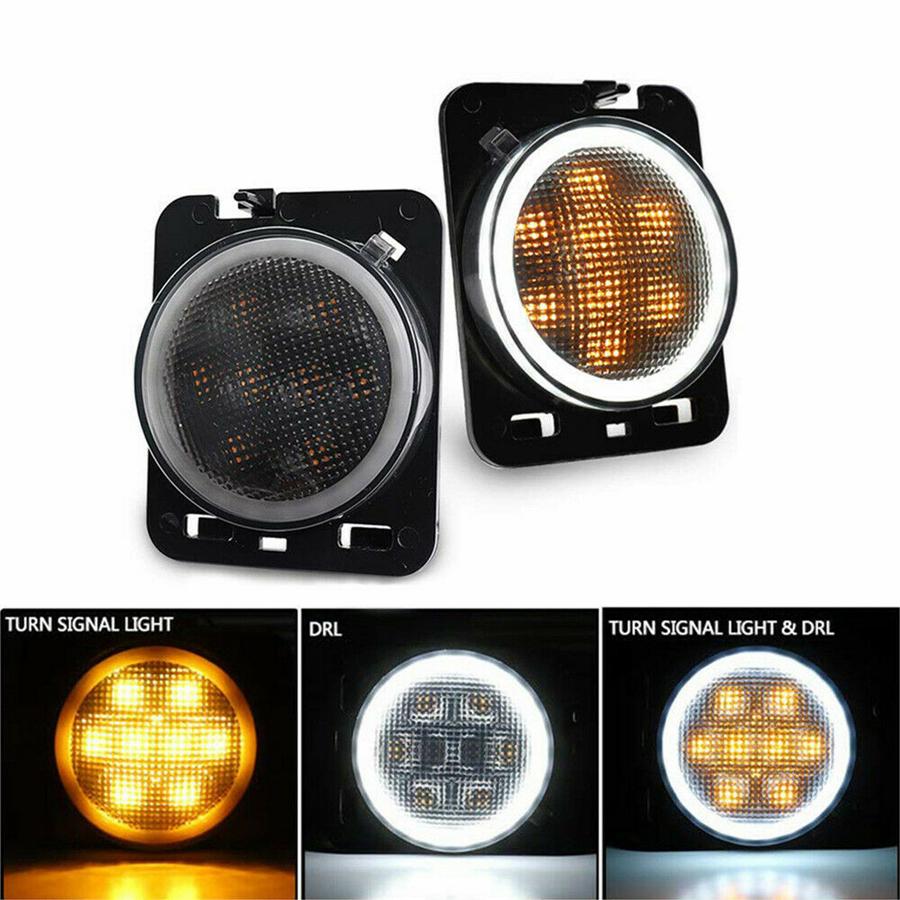 Smoked Front Fender Amber LED Side Marker Lights For 2007-2018 Jeep Wrangler JK