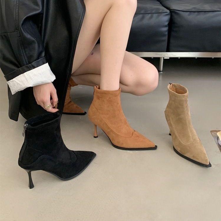 Suede Autumn and Winter High Heel Short Boots Versatile Skinny Boots Women's Elastic French Retro Sub Thin Heel Back Zipper Pointed New