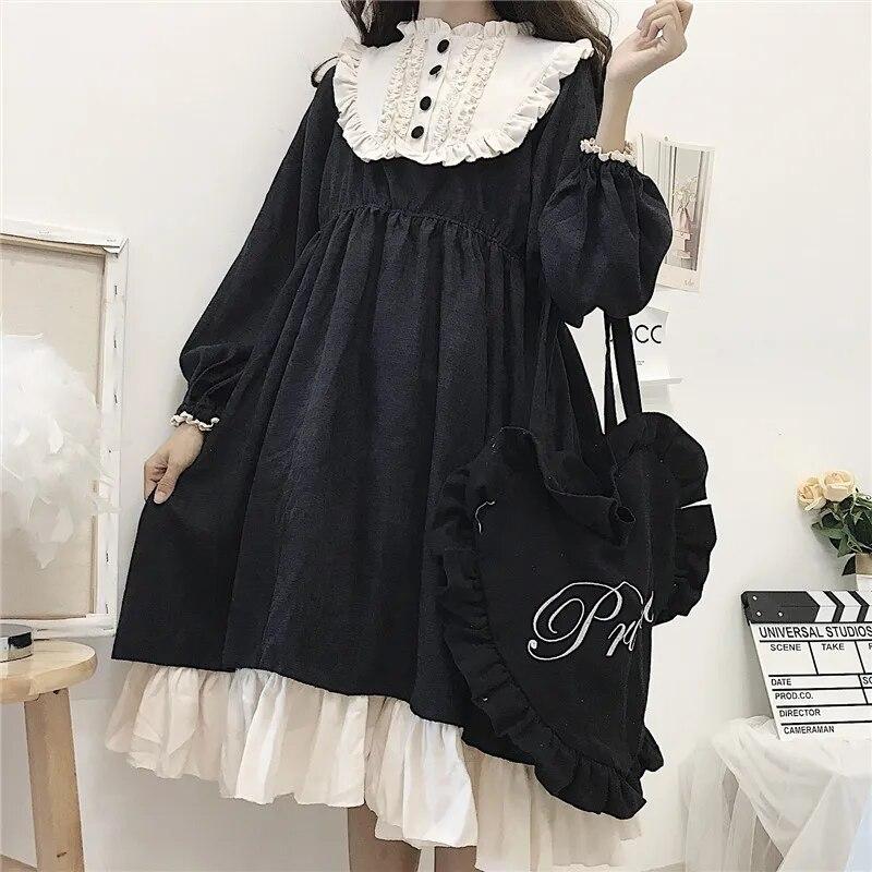 Japanische Lolita-Stil Damenkleider Frühling Herbst Hohe Taille Abnehmen Rüschen Süßes Kleid Kawaii Kleidung