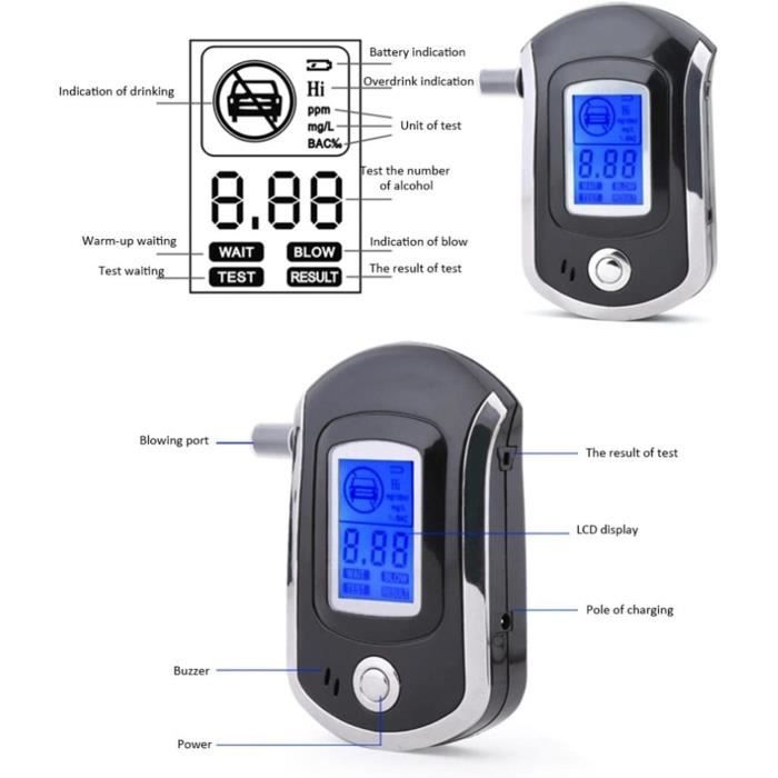 Alcootest d'alcool, Testeur d'alcool Professionnel de Haute précision avec écran LCD numérique et 5 Embouts, L'alcootest Perso[1339]