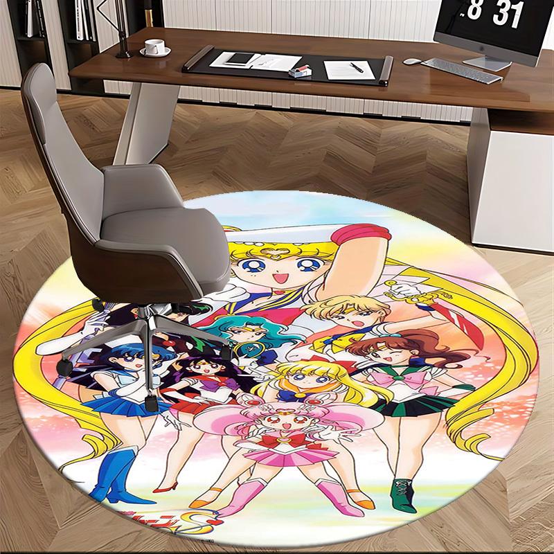 1pc Sailor Moon Anime Cartoon Design Round Carpet Office Chair Mat, NonSlip Rug for Home Decor, Living Room, Bedroom, Game Room