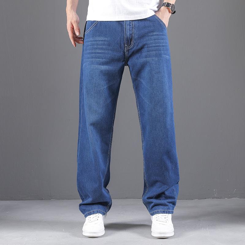 Premium men's denim trousers: relaxed straight-leg, lightweight summer style with no stretch, wide-leg cut, plus sizes available.