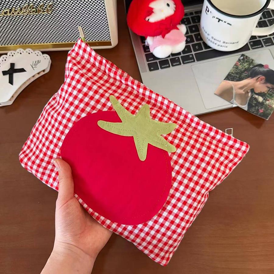 ute red Checkered Tomato Cosmetic Bag Large Capacity Portable Handheld Wash Bag Simple Versatile Makeup Storage Bag